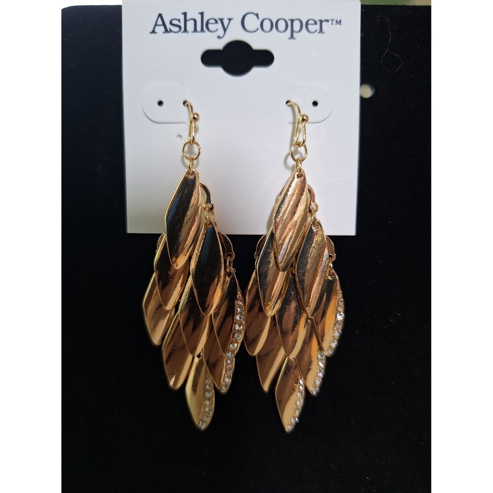 Ashley Cooper Shimmering Gold Leaf Cascade Earrings with Crystal Rows